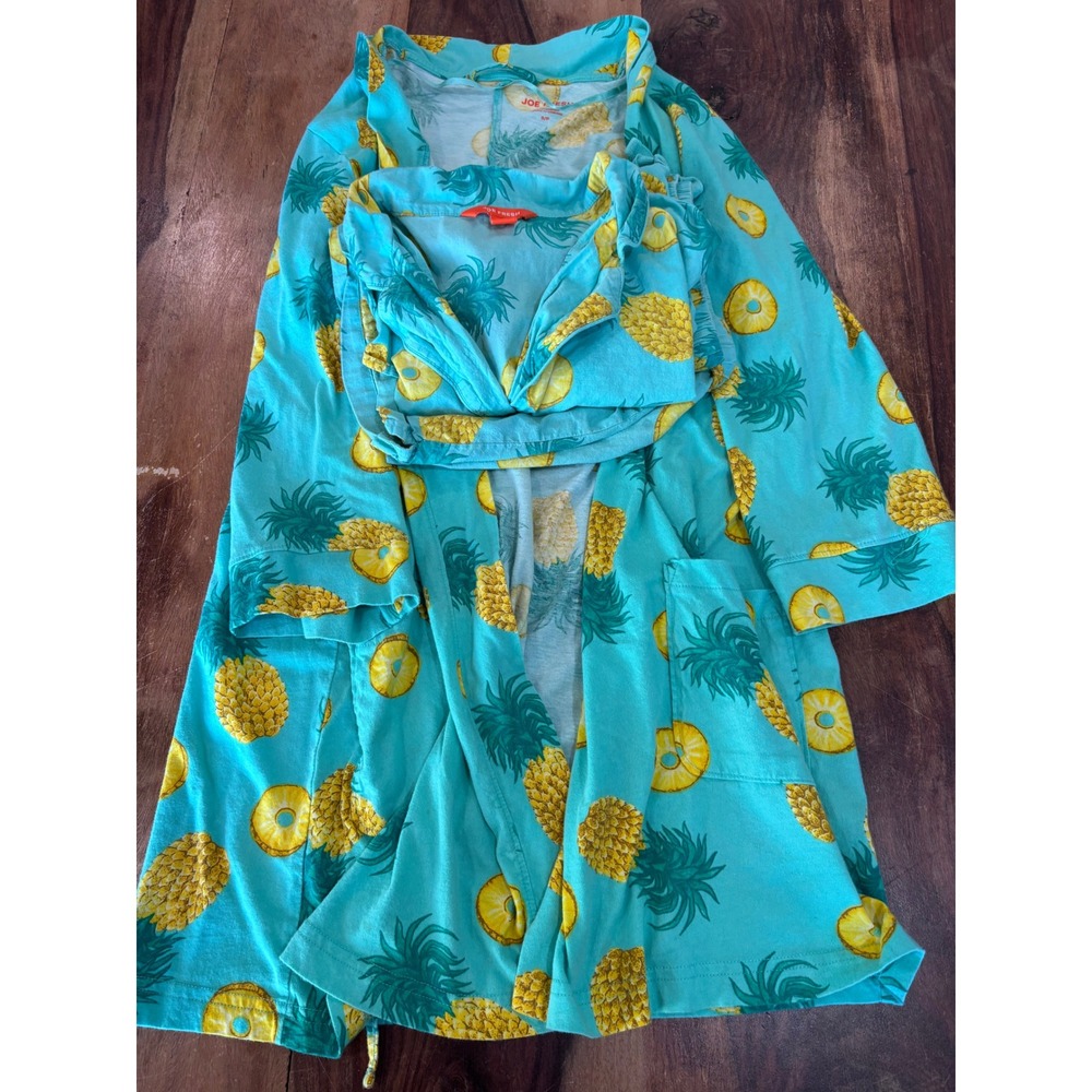 JOE FRESH pajama set womens M turquoise pineapple print 3pc top shorts robe